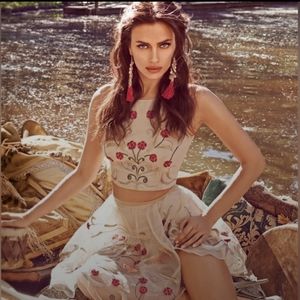 Bebe Embroidered Crop top and skirt 2 piece set